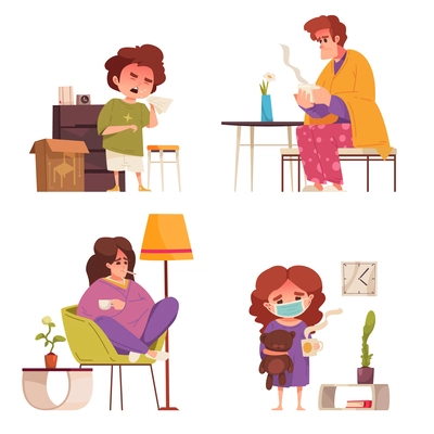 Flu cartoon compositions set with children and adults having virus infection symptoms isolated vector illustration