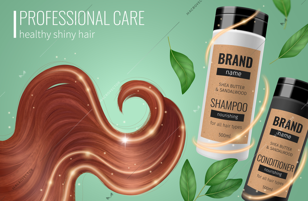 Shampoo poster with realistic shiny brown hair curl vector illustration