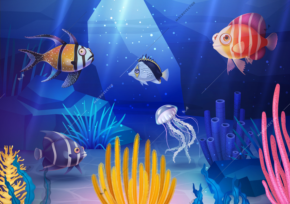 Underwater world cartoon poster with sea fishes and coral reefs vector illustration