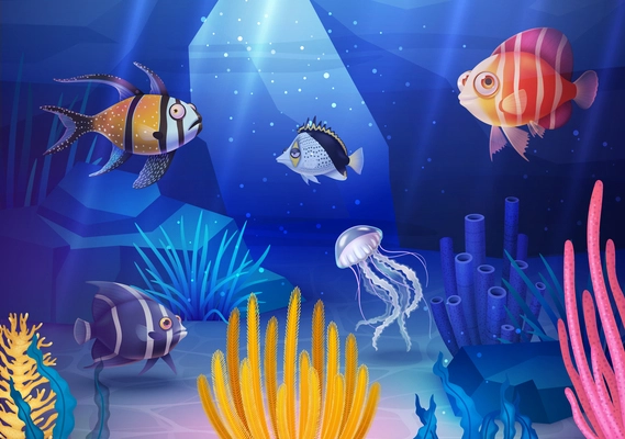 Underwater world cartoon poster with sea fishes and coral reefs vector illustration