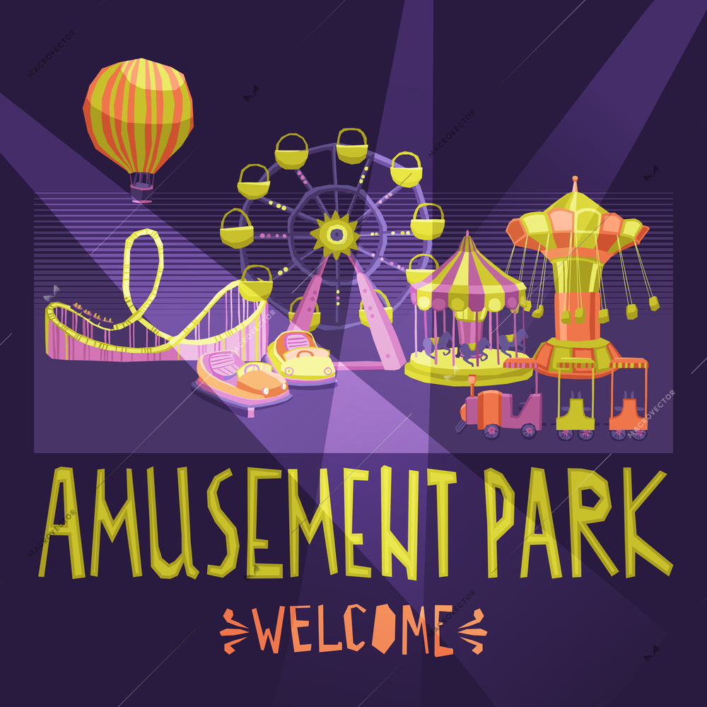 Amusement park welcome poster with extreme and entertainment attractions vector illustration