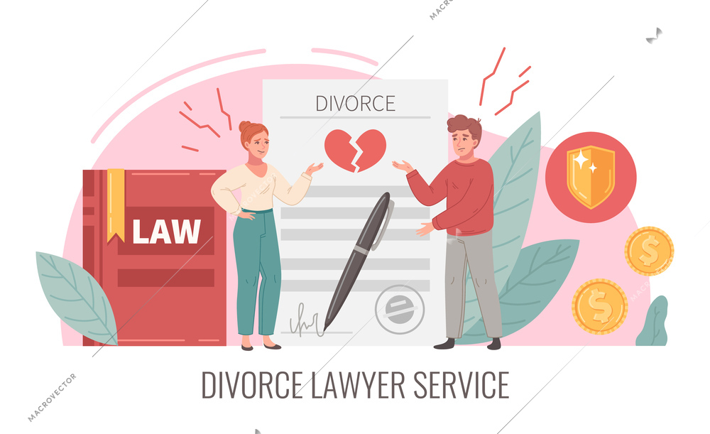 Legal cartoon concept with divorce lawyer service vector illustration