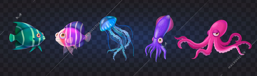 Underwater fish realistic icons set with jellyfish and octopus on transparent background isolated vector illustration