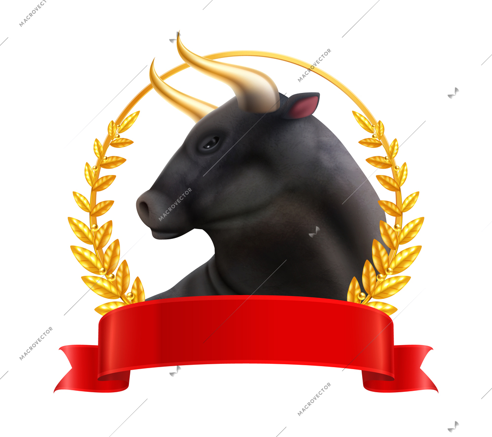 Color bull realistic concept with black bull with large horns in the center of wreath of thorns vector illustration