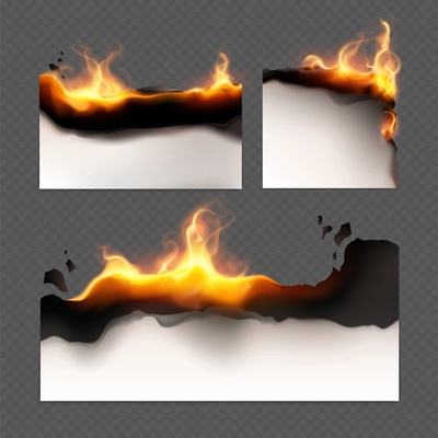 Burned paper realistic colored icon set three white pieces of paper of different sizes in fire vector illustration