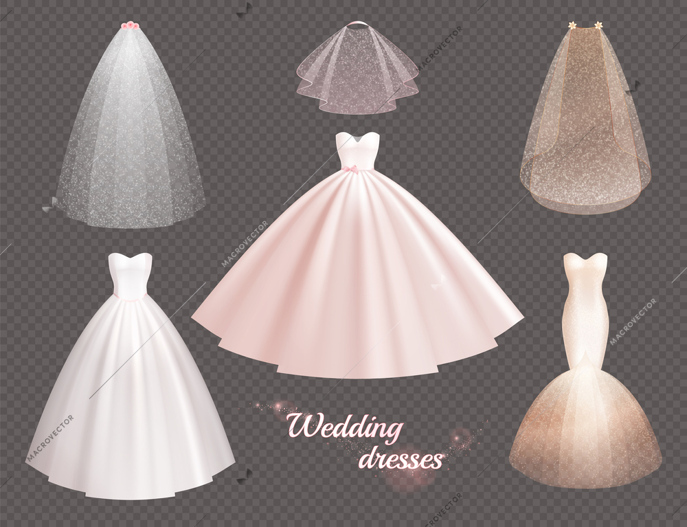 Bride wedding dress realistic icon set six items of wedding dress and veil in different styles and lengths vector illustration