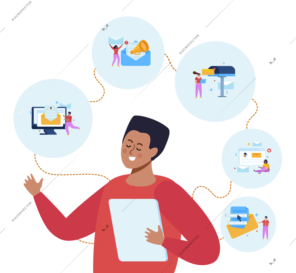 Email subscribe flat design concept with male character in center and small round icons advertising subscription to newsletter news offers vector illustration