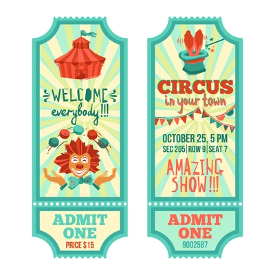 Circus show advertising paper tickets set with clown and tent isolated vector illustration
