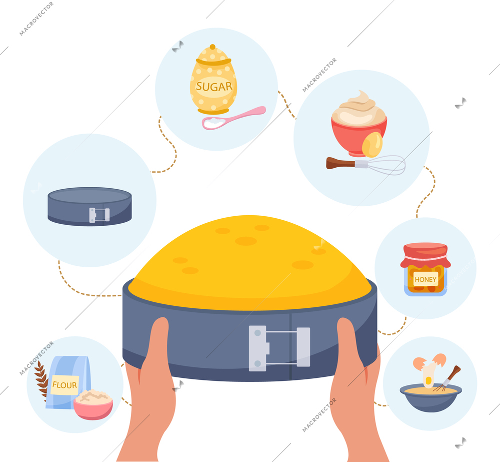 Home baking flat design concept with human hands holding cake in detachable baking container vector illustration