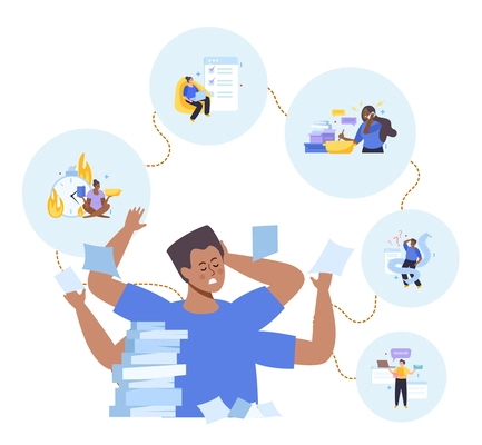 Multitasking people flat design concept with worried about work male character sitting with heap of working documents vector illustration