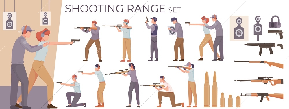 Shooting range flat compositions set with isolated doodle style human characters holding guns with gunnery instructors vector illustration