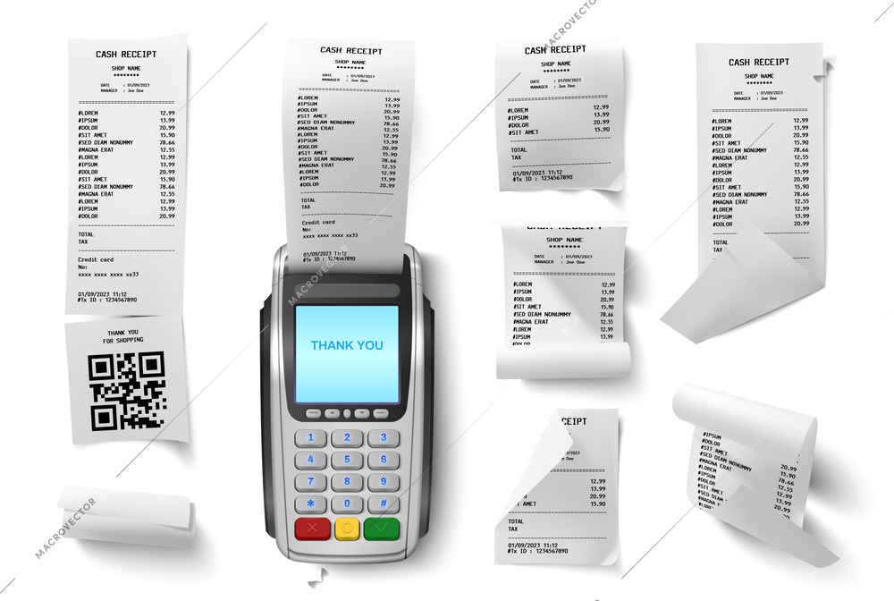 Set of isolated realistic cash receipts from pos terminal icons with electronic device and paper bills vector illustration