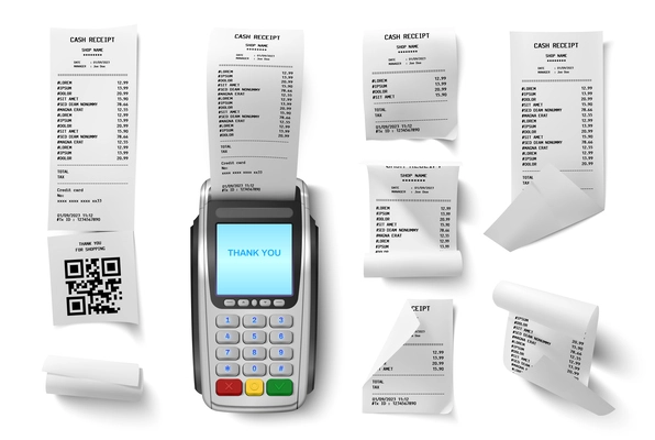 Set of isolated realistic cash receipts from pos terminal icons with electronic device and paper bills vector illustration