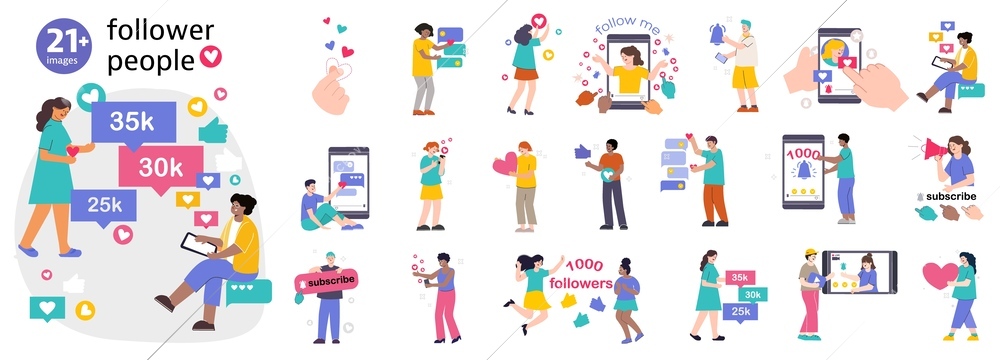 Follower people set of isolated compositions with flat social network icons with gadgets and human characters vector illustration