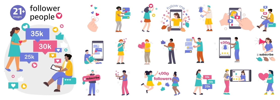 Follower people set of isolated compositions with flat social network icons with gadgets and human characters vector illustration