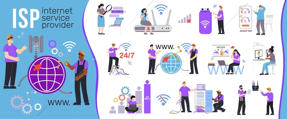 Internet installation provider set with flat isolated compositions of network infrastructure elements text and human characters vector illustration
