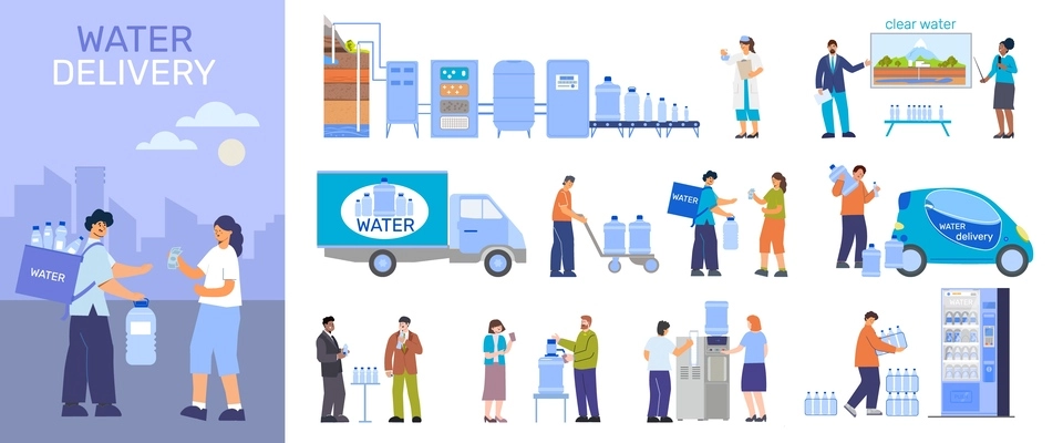 Water delivery flat composition with set of isolated icons characters of workers and clients with bottles vector illustration