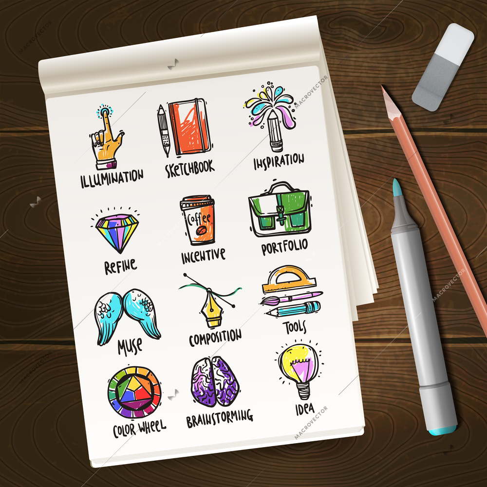 Notebook with creative process sketches icons and pencil on table vector illustration