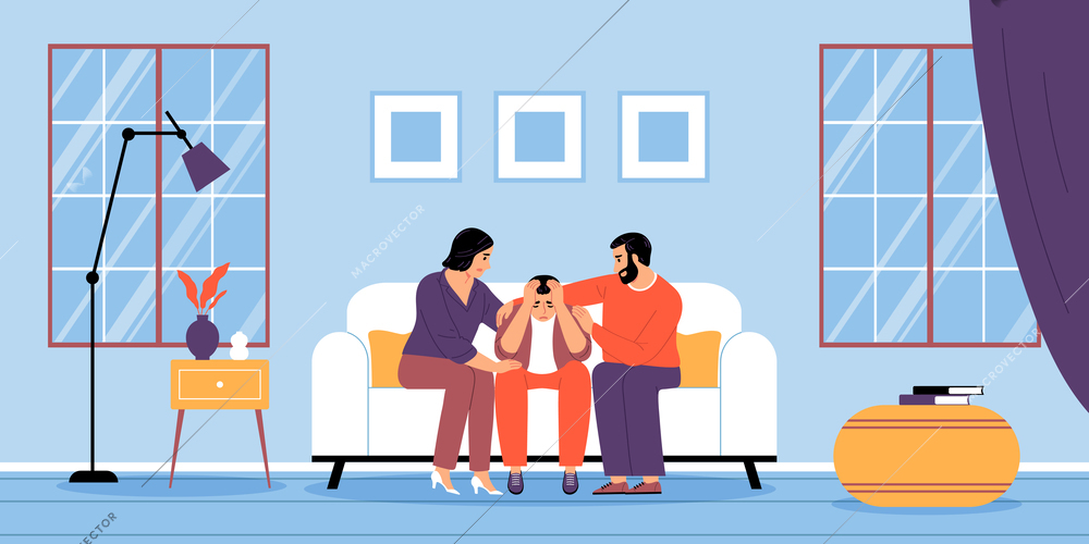 Parents support children composition of living room scenery with mother and father on sofa soothing son vector illustration