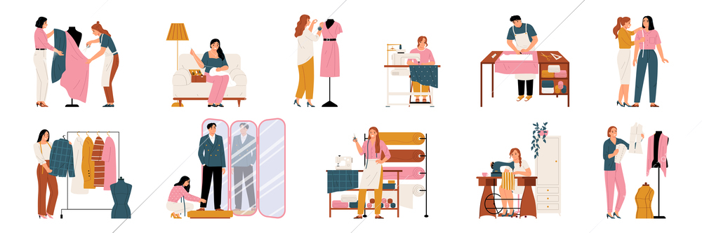 Sewing set with isolated compositions of tailoring tools sewing machines fabric rail hangers and human characters vector illustration