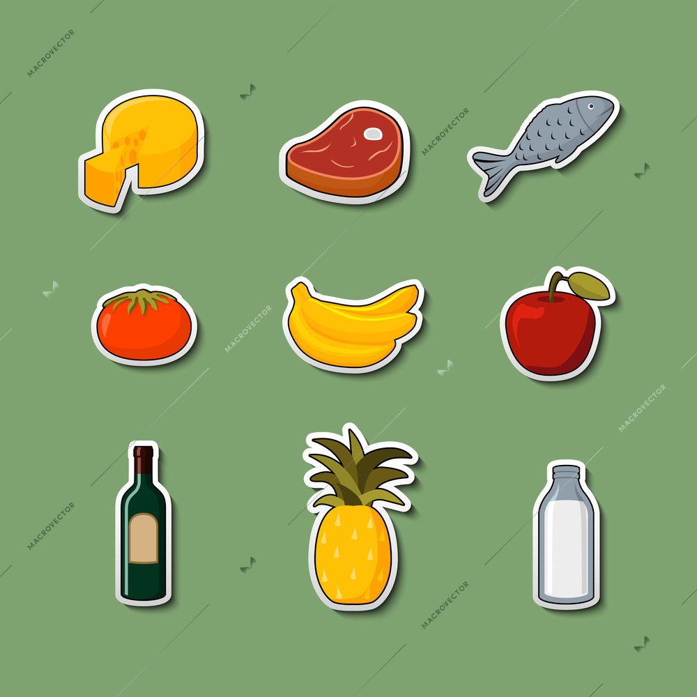 Supermarket foods items of meat fish fruits vegetables and drinks on stickers isolated vector illustration