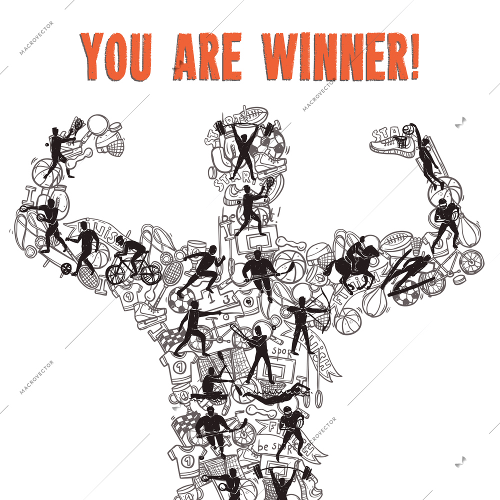 Winner concept with sportsman silhouette made of athletes and competition icons sketch vector illustration