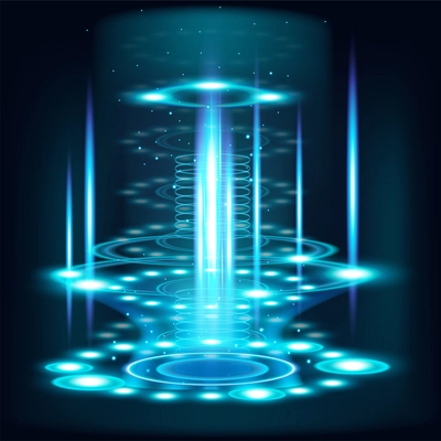 Realistic teleportation portals composition with circular shapes and lines in motion glowing with blue neon lights vector illustration