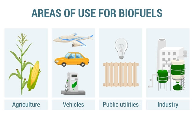 Biofuel production concept set with vehicles symbols flat isolated vector illustration