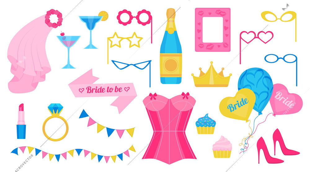 Bachelorette and hen party set flat isolated vector illustration