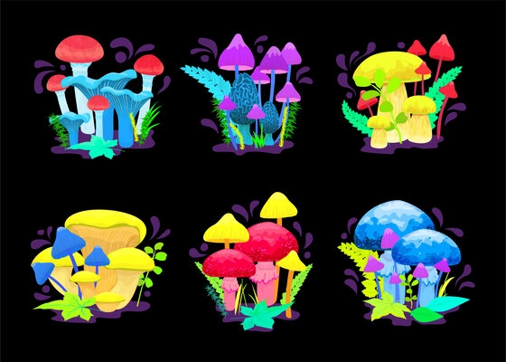 Magic glowing mushrooms set with mystery symbols flat isolated vector illustration