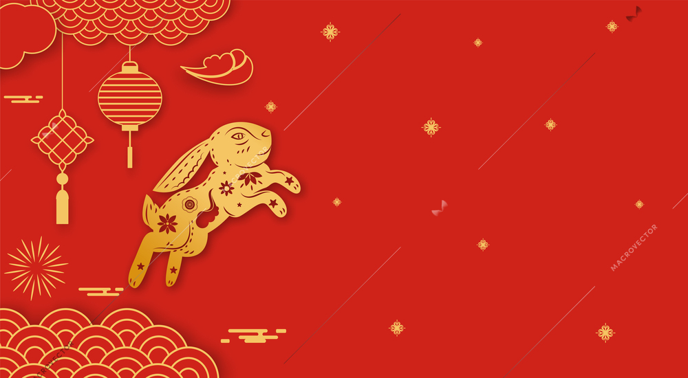 Chinese new year traditional red greeting card with gold bunny patterns and lanterns flat vector illustration