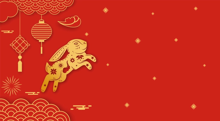 Chinese new year traditional red greeting card with gold bunny patterns and lanterns flat vector illustration