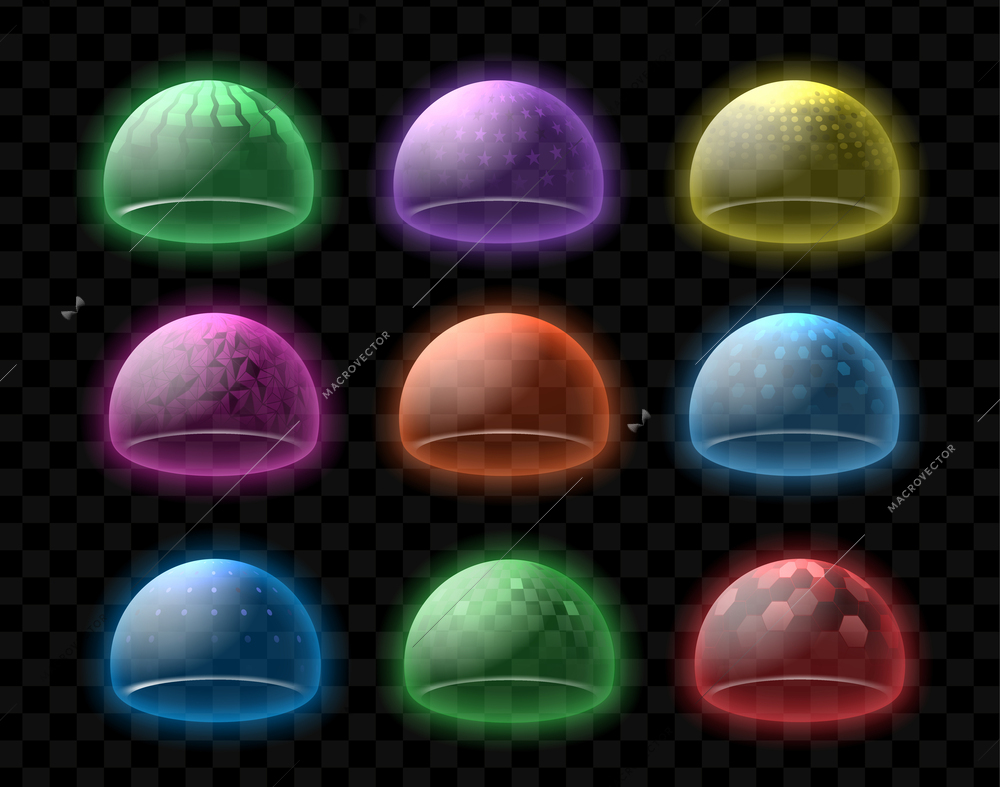 Protective glowing bubble shields realistic colored set on dark transparent background isolated vector illustration