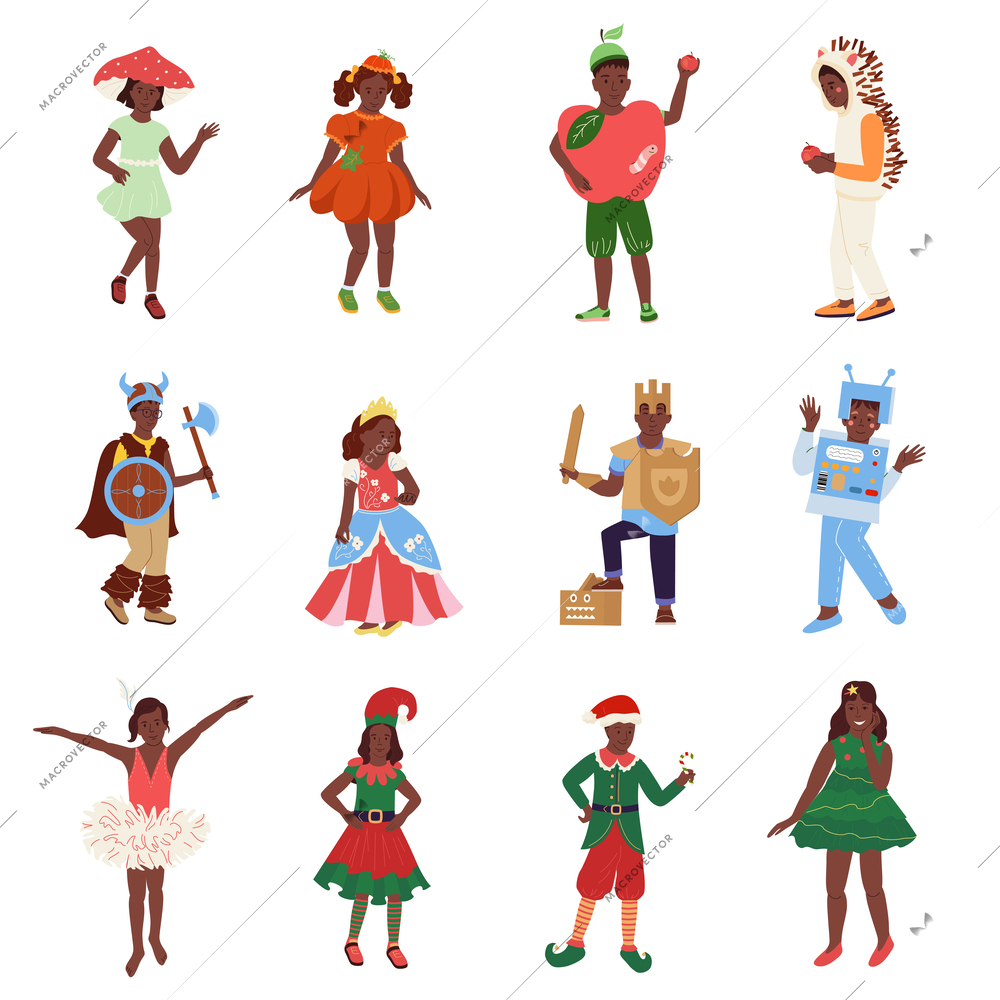 Kids wearing costumes of various fairytale characters flat set isolated vector illustration
