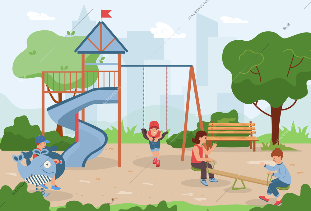 Children swinging on various swings on city playground flat vector illustration