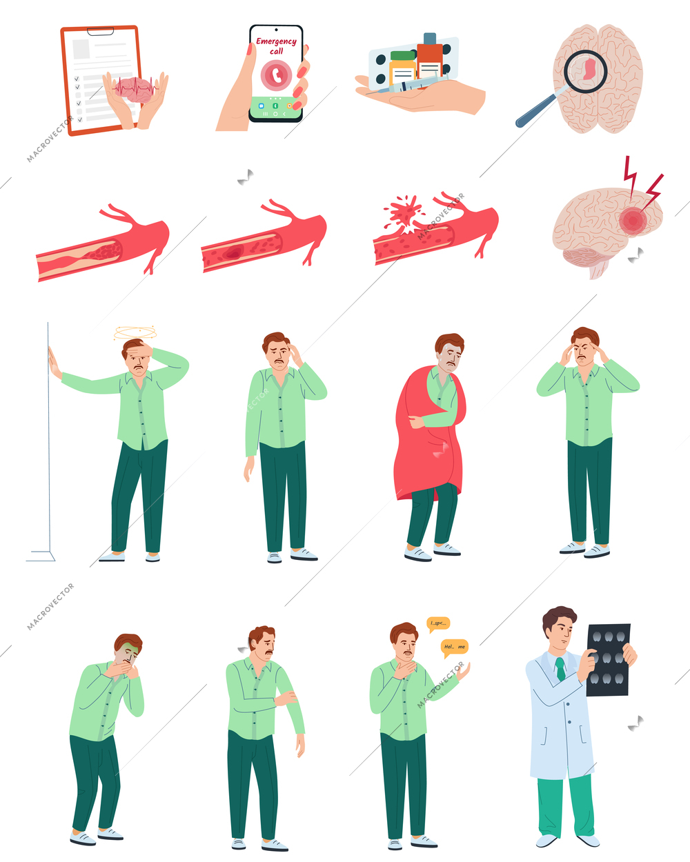 Stroke symptoms flat icons set with male character isolated vector illustration