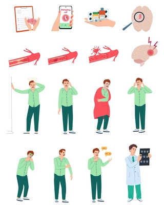 Stroke symptoms flat icons set with male character isolated vector illustration