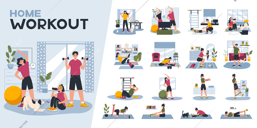 Home workout set of isolated compositions with flat icons of home and gym interiors with people vector illustration