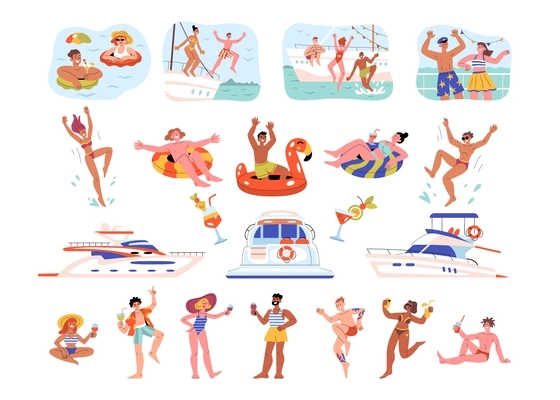 Yacht party set with flat isolated compositions of party people swimming chilling dancing and drinking cocktails vector illustration