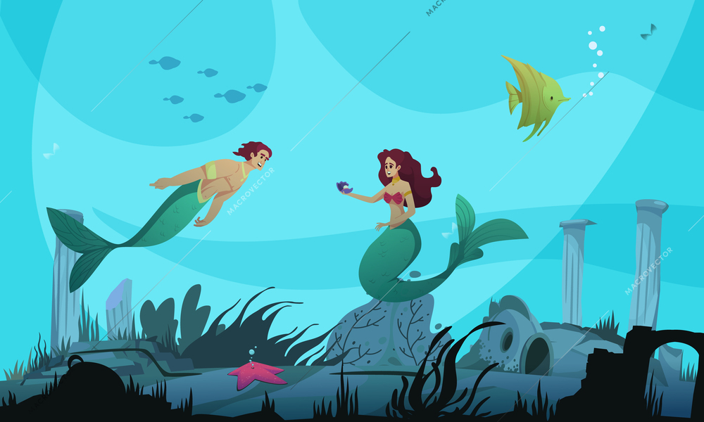 Underwater world cartoon poster with male and female mermaids vector illustration