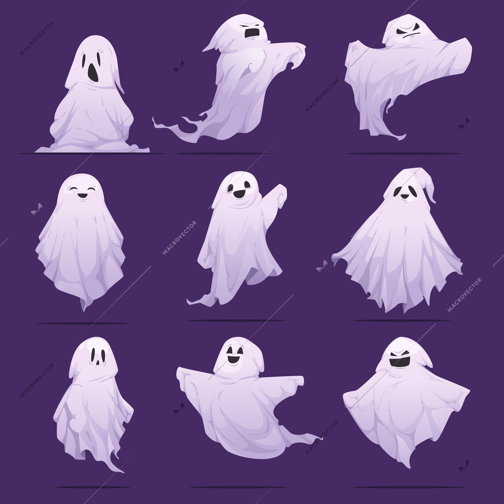 Ghost creatures spooky character cartoon icons set isolated vector illustration