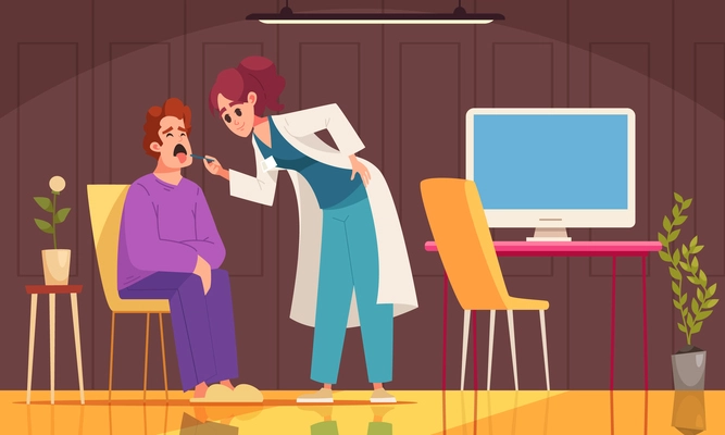 Doctor cartoon concept with female healthcare professional examining patient vector illustration