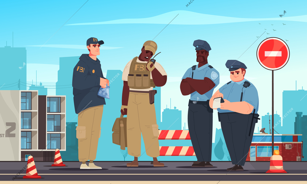 Police cartoon concept with male officers and fbi agents on criminal scene vector illustration
