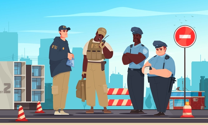 Police cartoon concept with male officers and fbi agents on criminal scene vector illustration