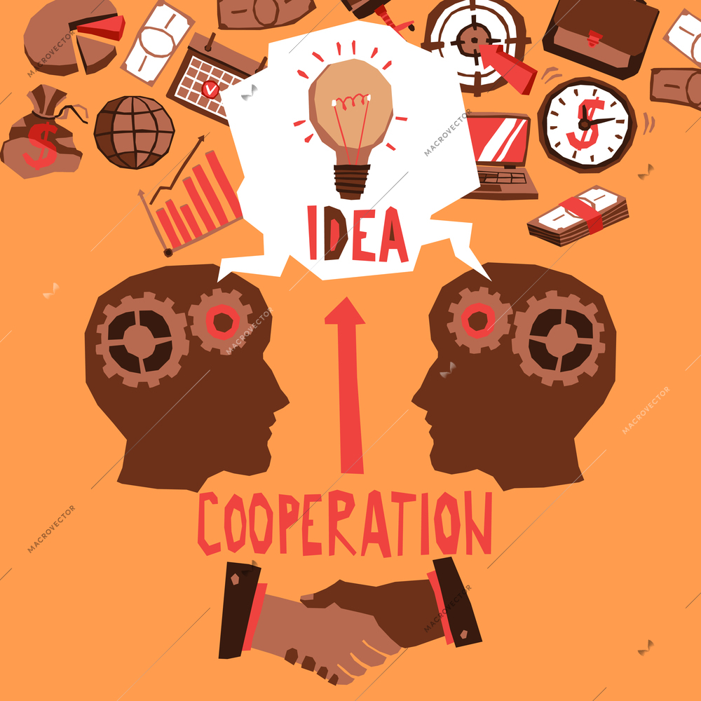 Cooperation concept with businessmen heads and business sketch icons vector illustration