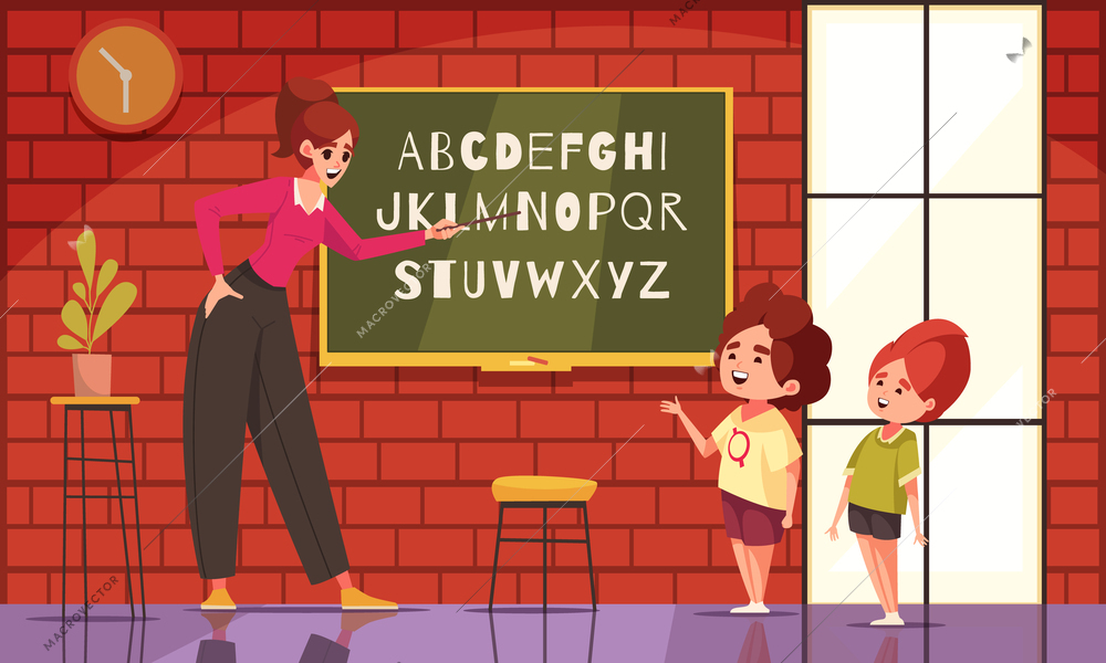 School teacher cartoon concept with female teaching kids english language vector illustration