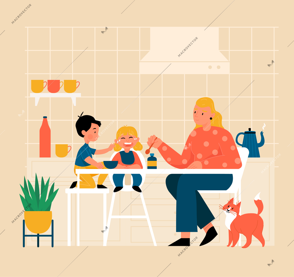 Stressed parenting flat concept with mum and boy feeding crying little girl vector illustration