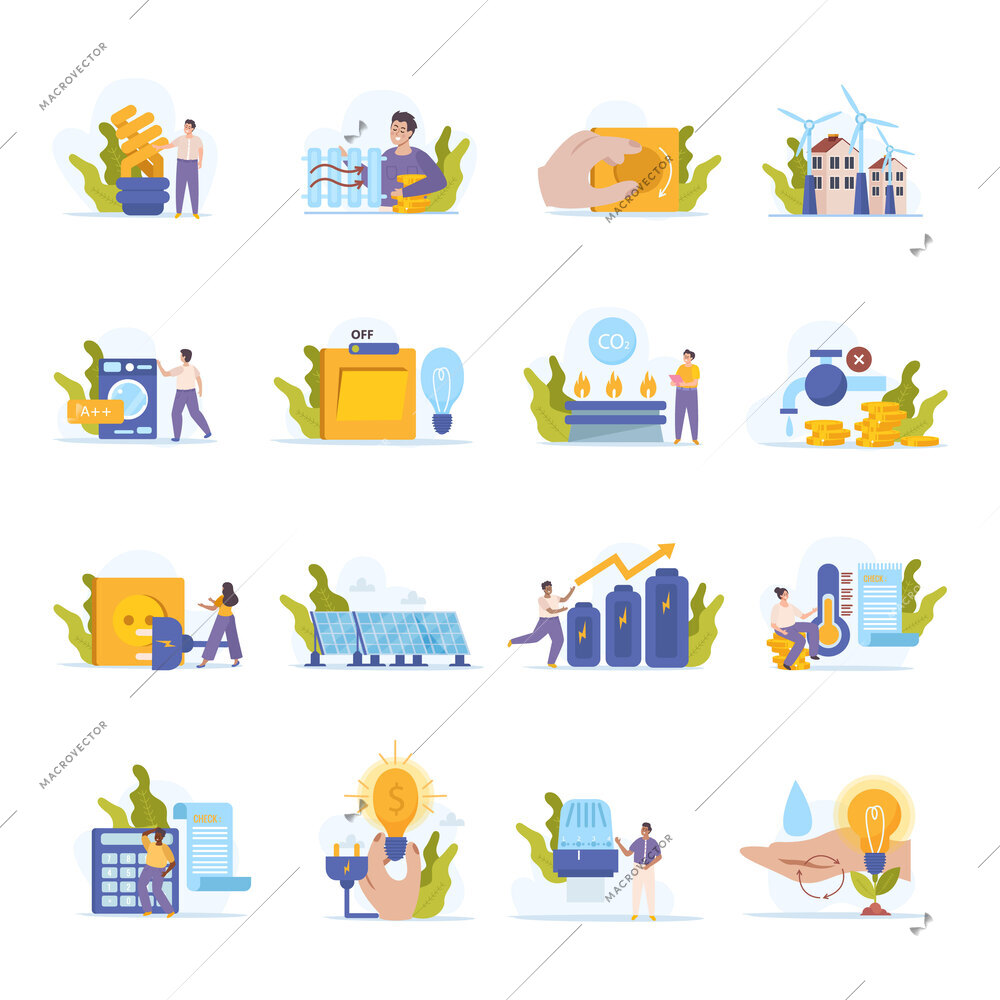 Energy economy flat set of compositions with icons of power sources batteries utility infrastructure and people vector illustration