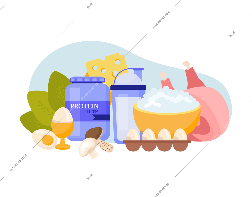 Sport nutrition flat composition with blank background and view of dairy meat and protein contained products vector illustration