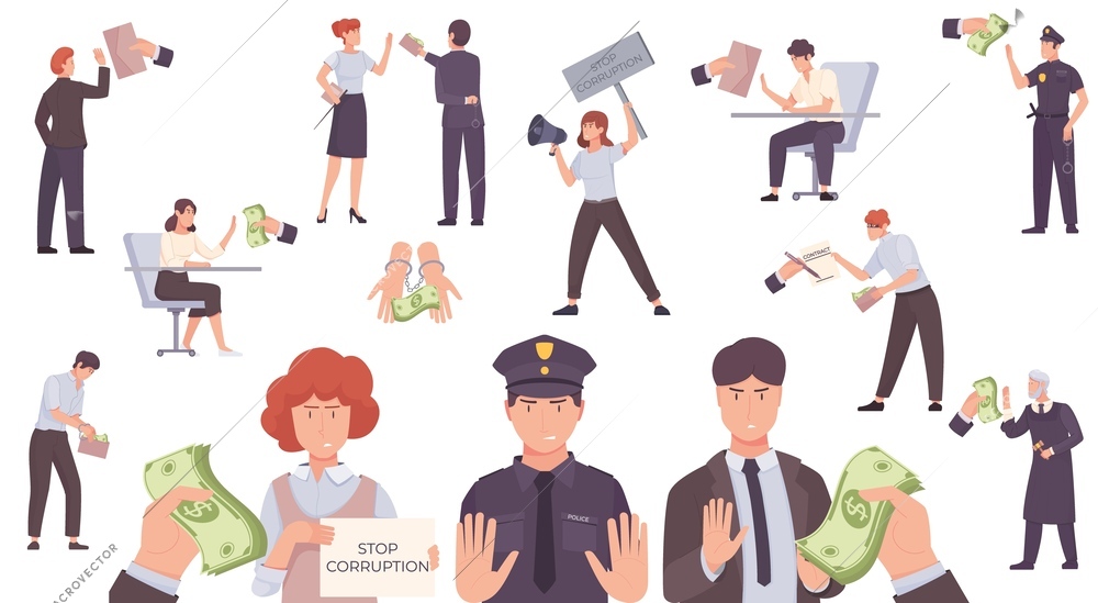 Anti corruption stop flat set with isolated characters of police officers authorities refusing of taking bribes vector illustration